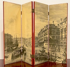 Italian Mid Century Lacquer/Vellum Table Screen, Canaletto Style View of Venice