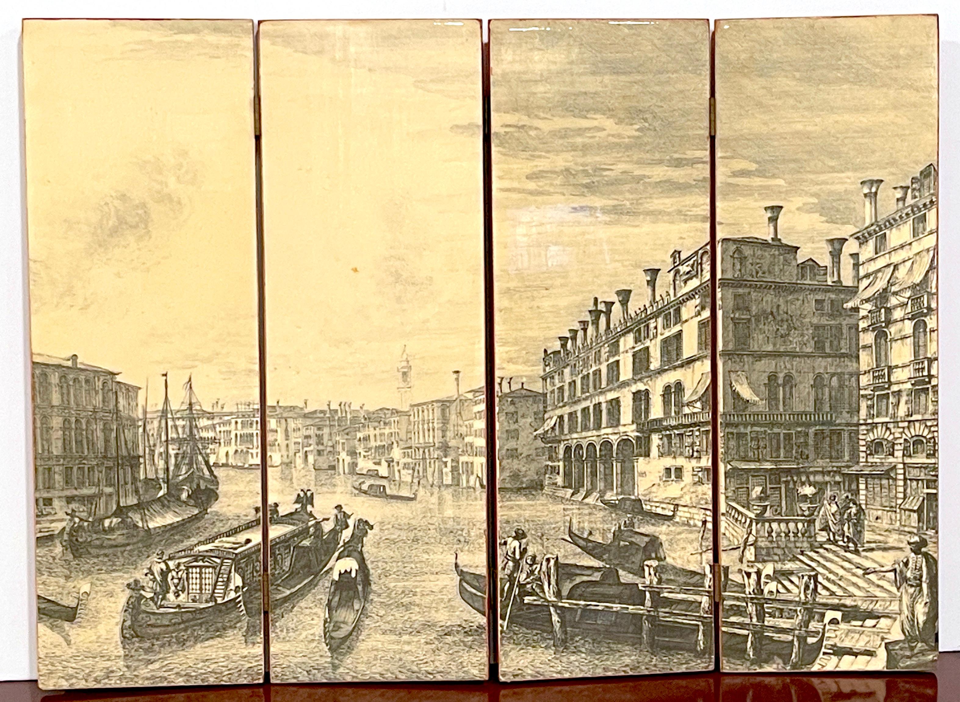 Italian Mid Century Lacquer/Vellum Table Screen, Canaletto Style View of Venice For Sale 1