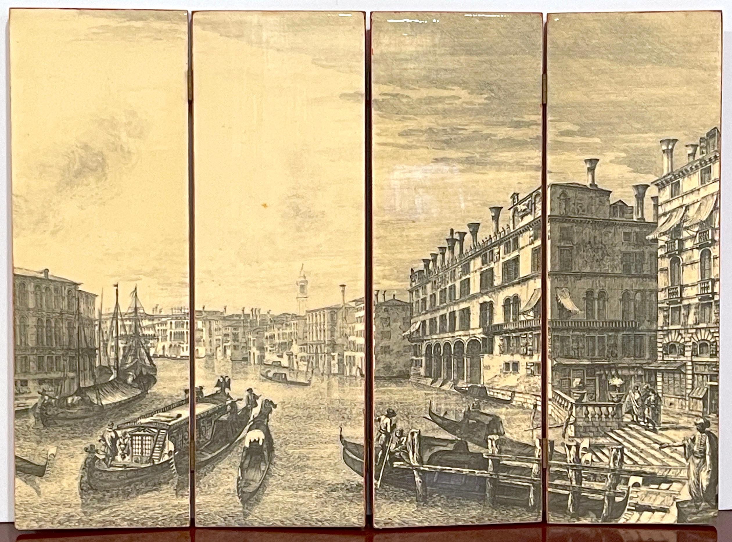 Italian Mid Century Lacquer/Vellum Table Screen, Canaletto Style View of Venice For Sale 2