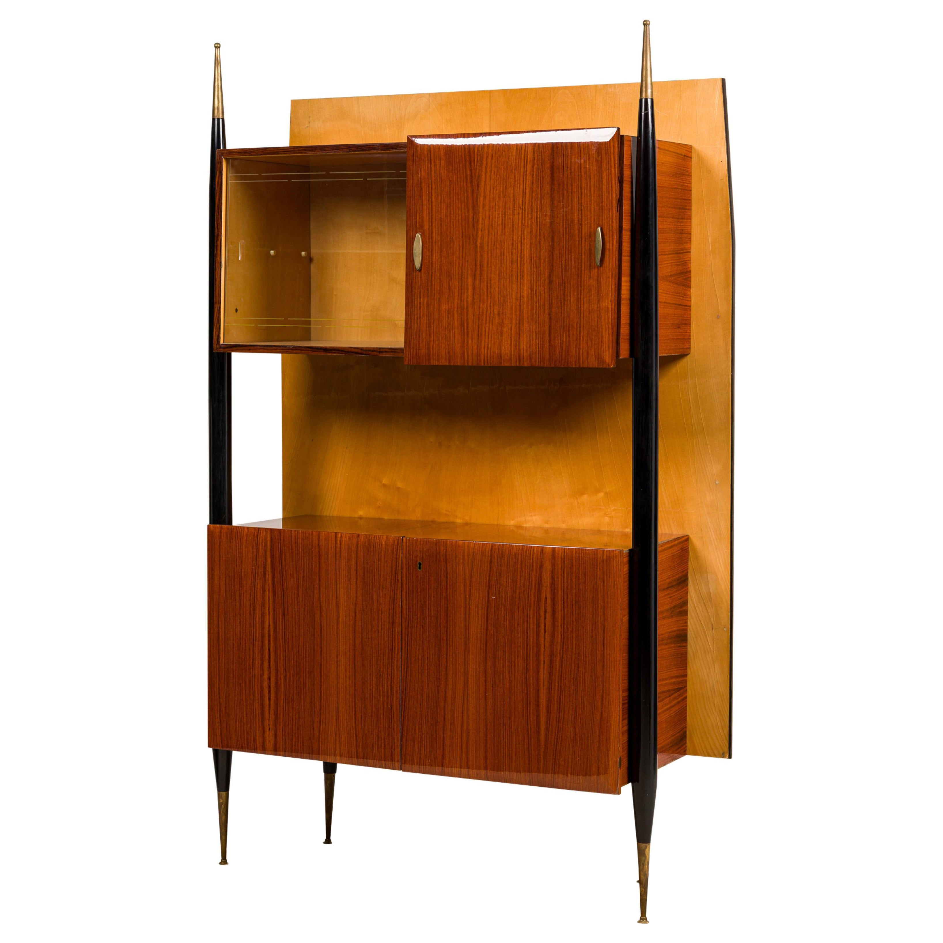 Italian Mid-Century Lacquered Mahogany and Sycamore Wall Cabinet en vente