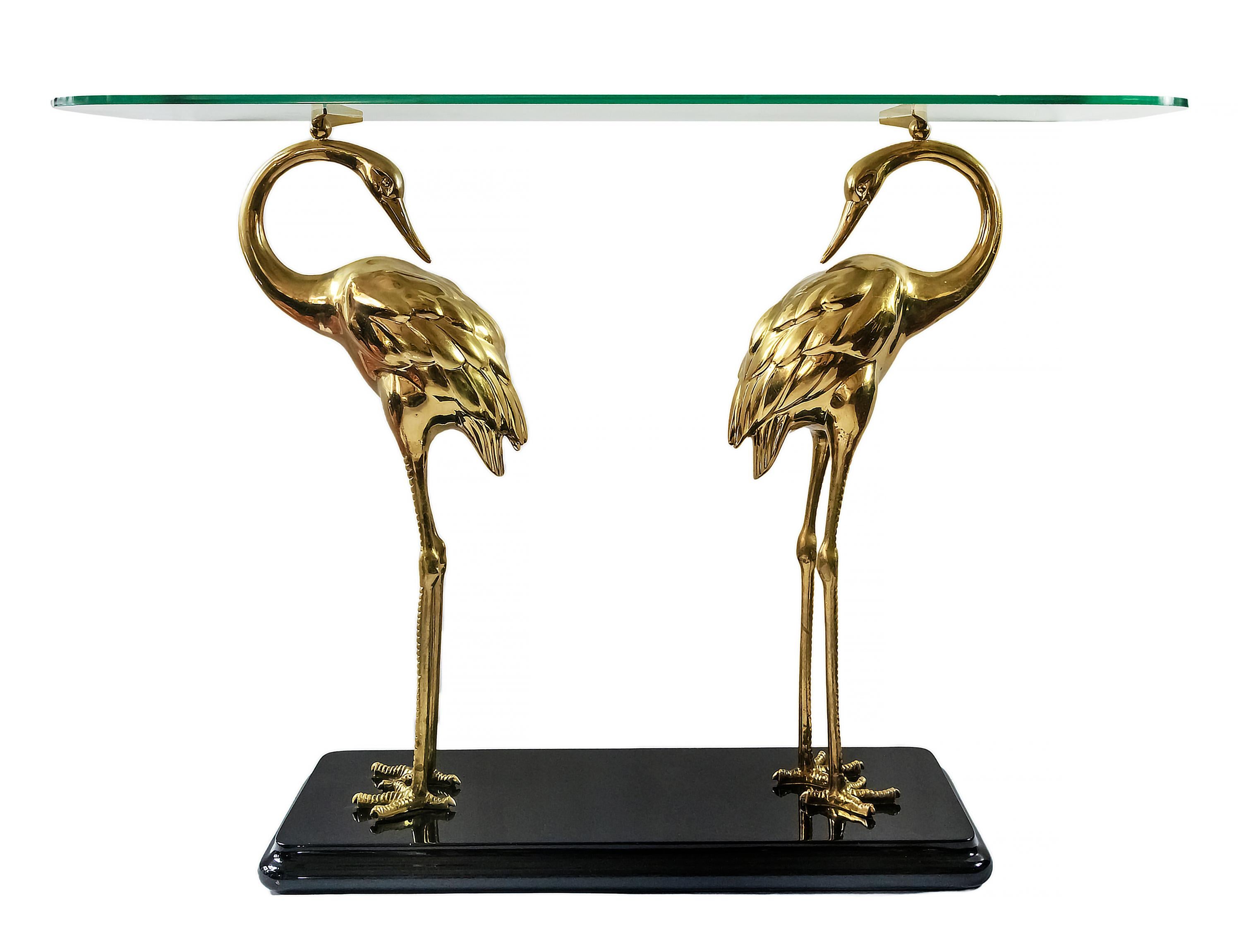 Mid-Century Modern Italian Midcentury Lacquered Wood, Glass and Bronze Console Table with Birds For Sale
