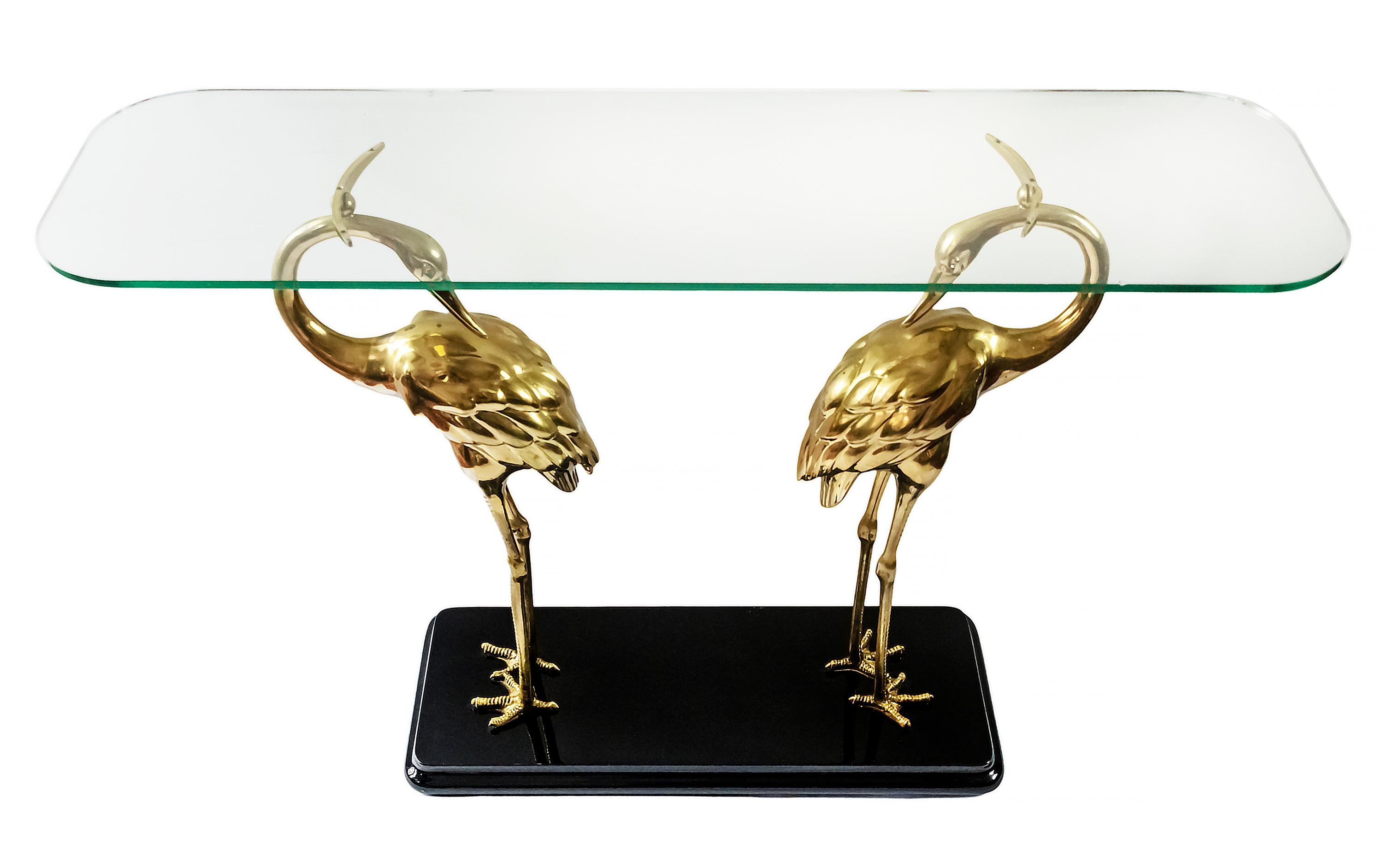Italian Midcentury Lacquered Wood, Glass and Bronze Console Table with Birds For Sale 1