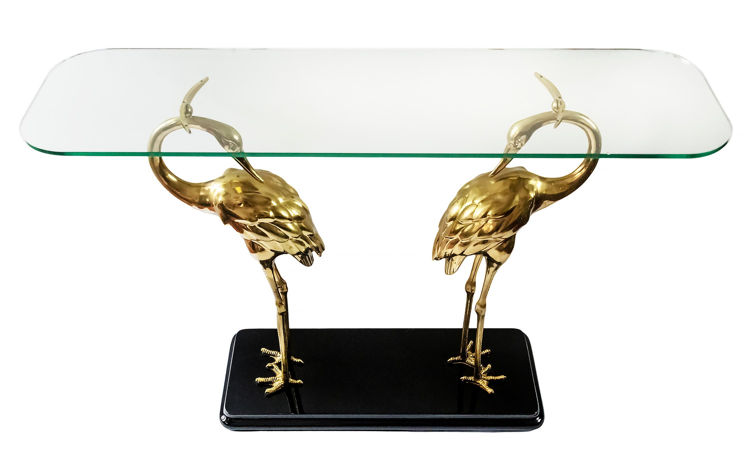 Consola italiana de mediados de siglo de madera lacada, cristal y bronce con pájaros en Bueno estado para la venta en Vilnius, LT