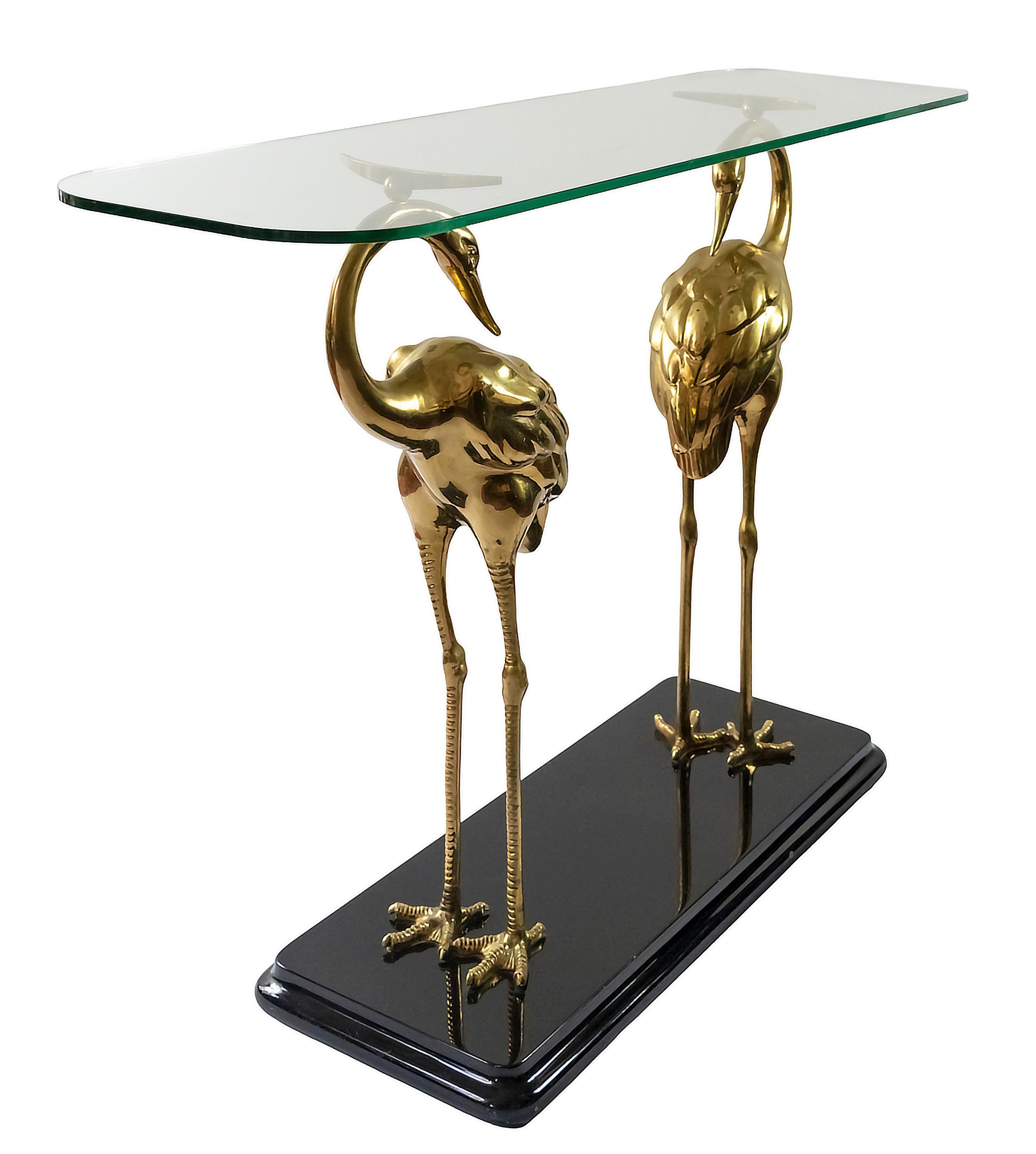 Italian Midcentury Lacquered Wood, Glass and Bronze Console Table with Birds For Sale 2