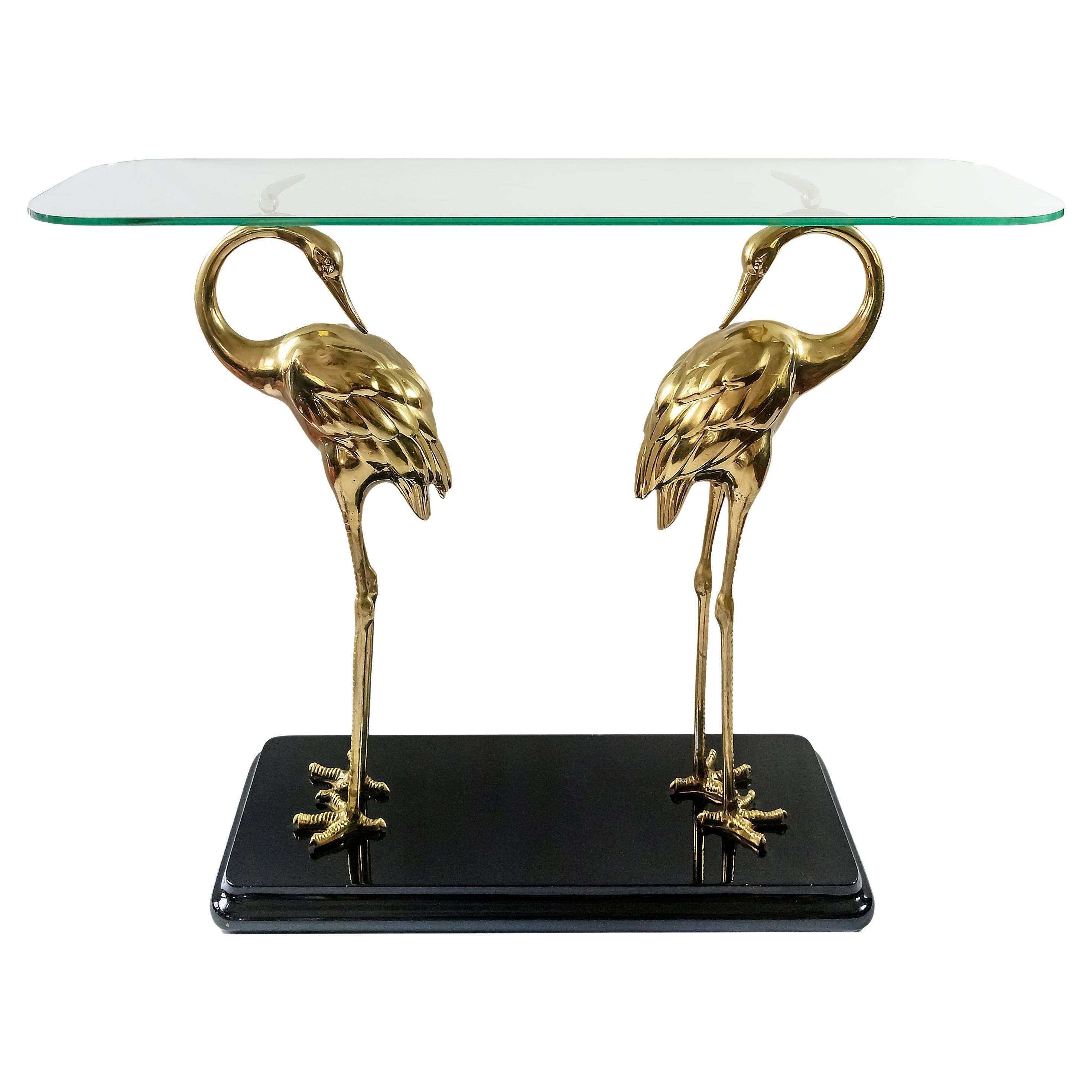 Italian Midcentury Lacquered Wood, Glass and Bronze Console Table with Birds For Sale