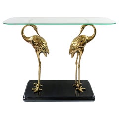 Italian Midcentury Lacquered Wood, Glass and Bronze Console Table with Birds