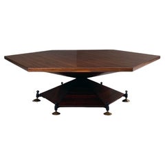 Italian Mid Century Large Hexagonal Wood Coffee Table with Brass Details, 1950s Italian Mid Century Large Hexagonal Wood Coffee Table with Brass Details, 1950s