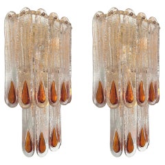Italian Mid-Century Large Murano Amber Pair of Wall Sconces by Mazzega, 1970s