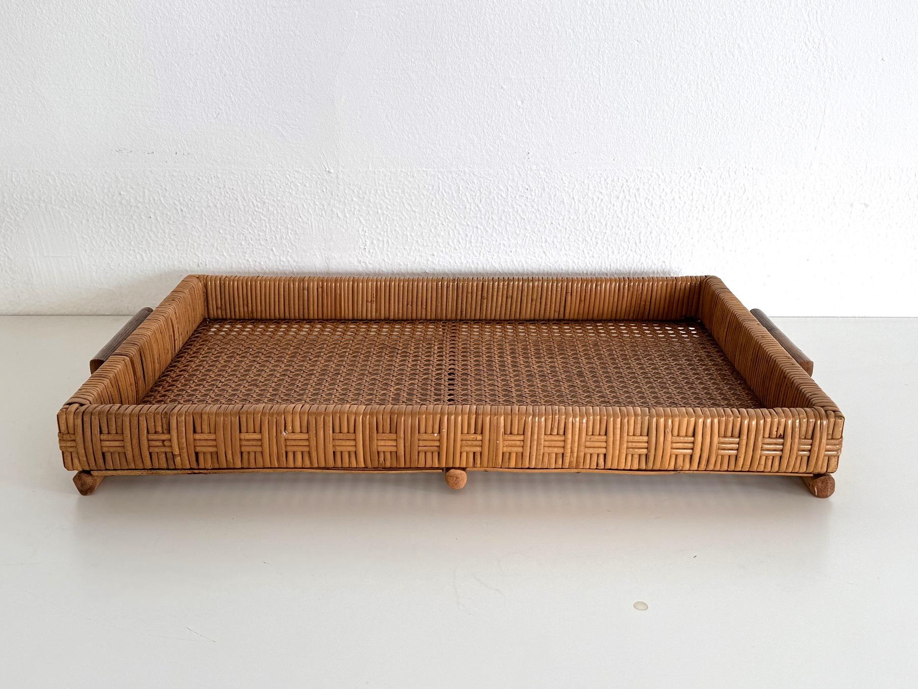 Mid-Century Modern Italian Mid-Century Large Organic Serving Tray in Natural Rattan and Wood, 1970s