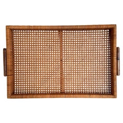 Italian Mid-Century Large Organic Serving Tray in Natural Rattan and Wood, 1970s