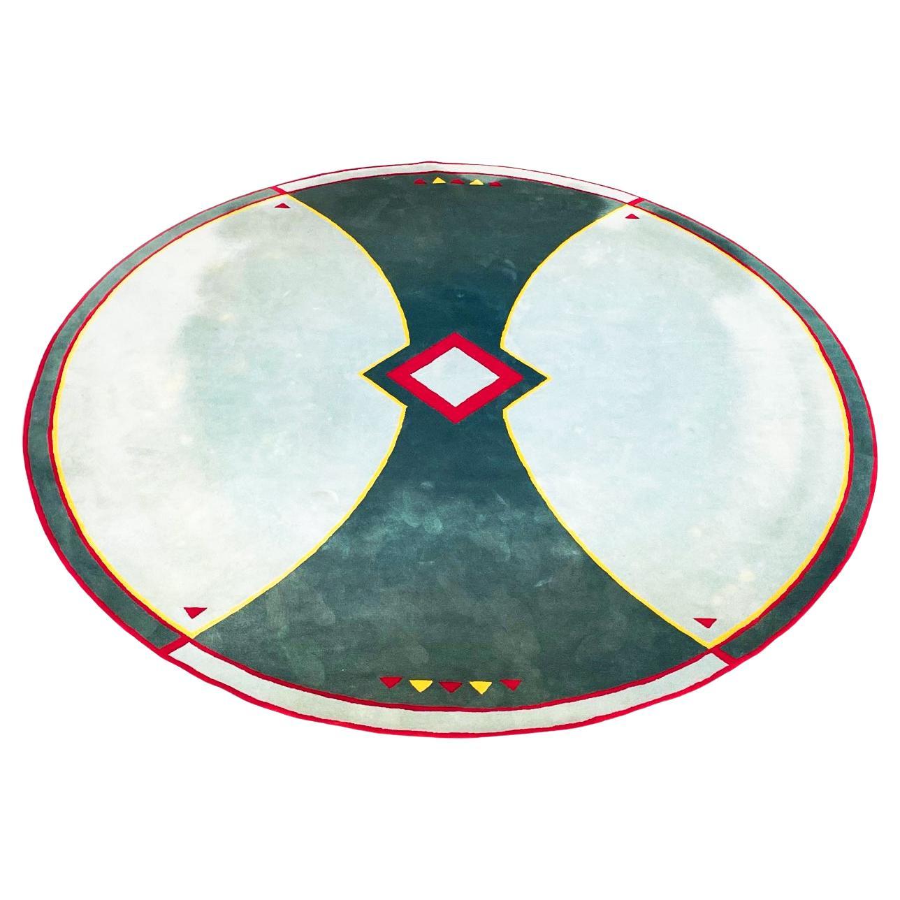 Italian Mid-Century Large Round Carpet Blue, Green, Yellow and Red Fabric, 1980s For Sale