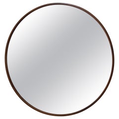 Italian Mid Century Large Round Mirror with Minimalist Walnut Frame