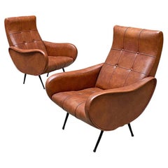 Italian Mid Century Leather and Metal Armchairs with Button Stitching, 1950s