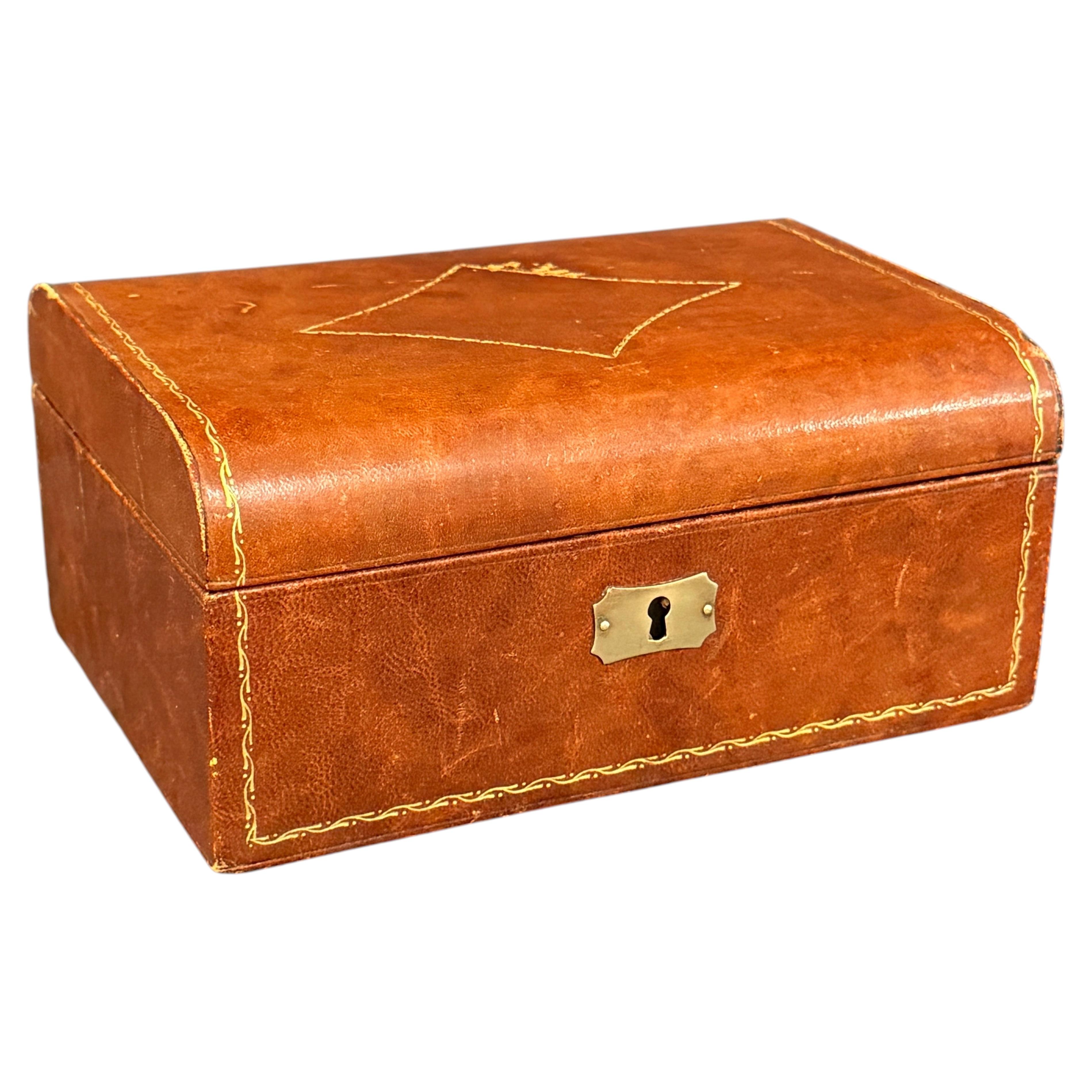 Italian Florentine Rectangular Gold Embossed Leather Box with Lock