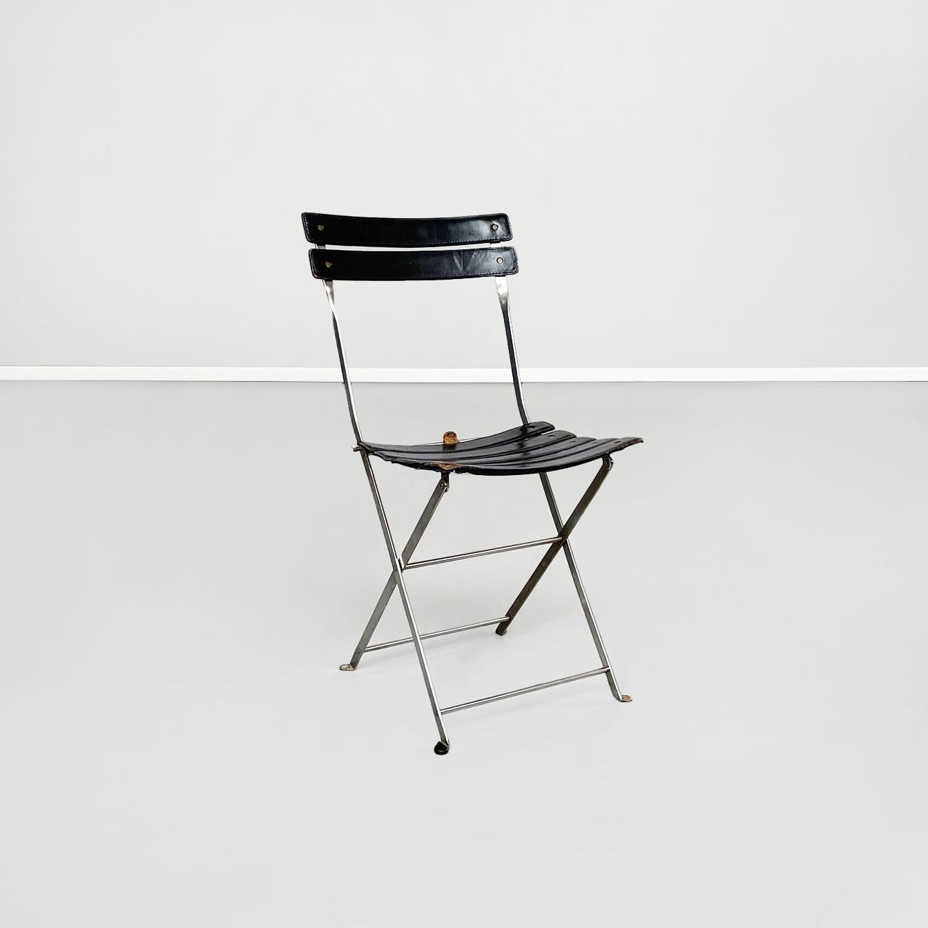 Italian mid-century Leather and steel Celestina chairs by Zanuso for Zanotta, 1978
Set of 8 chairs Celestina model, with rectangular seat and back in black leather. The seat and back are made up of a series of strips of black leather. The flat