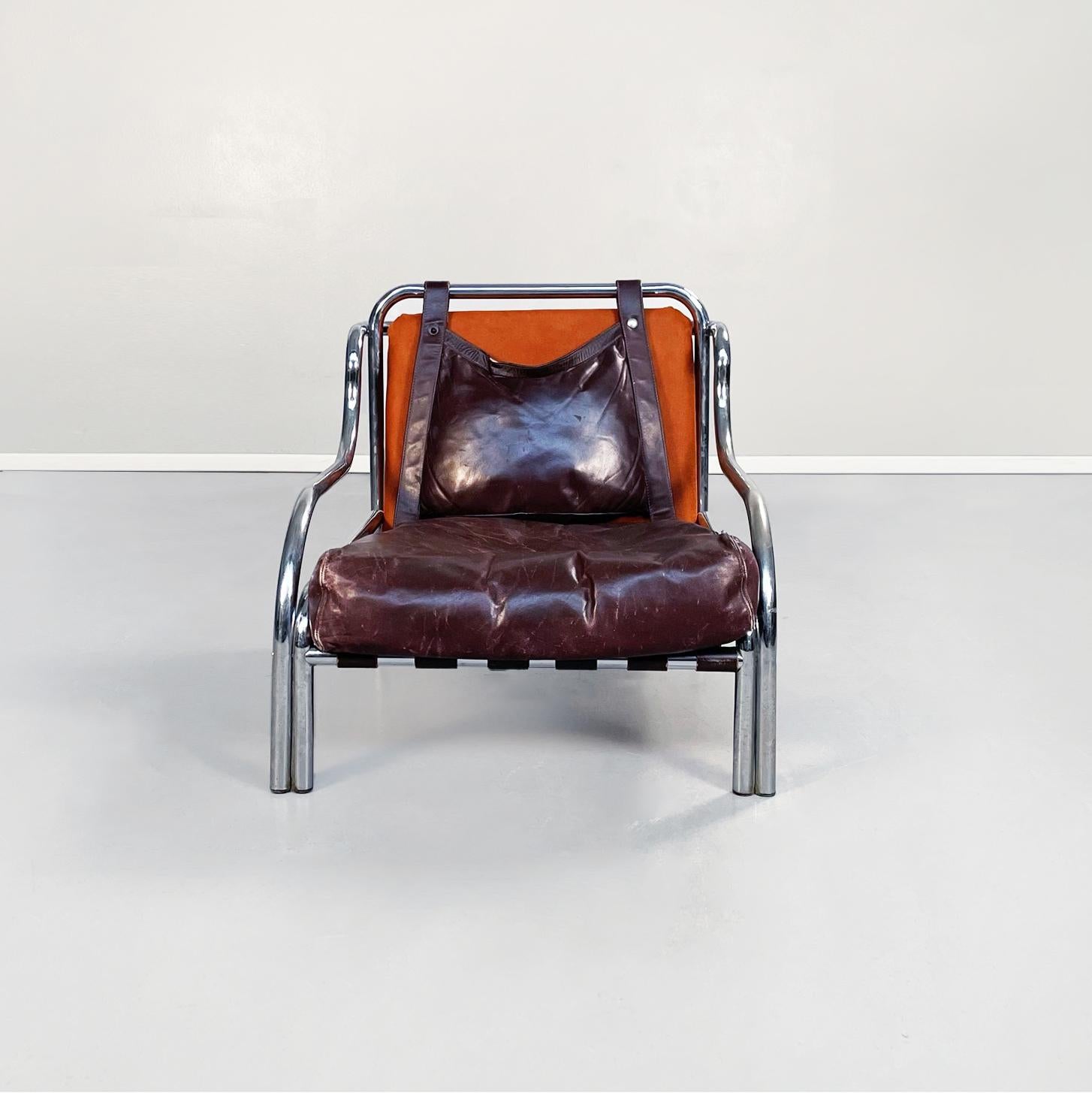Italian mid-century leather Stringa armchair by Gae Aulenti for Poltronova, 1965
Stringa armchair. The tubular structure is in chromed metal. Brown leather cushion is tied to the orange suede backrest, while the seat is made up of brown leather