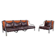 Italian Mid-Century Leather Stringa Sofa Armchair Gae Aulenti Poltronova, 1965
