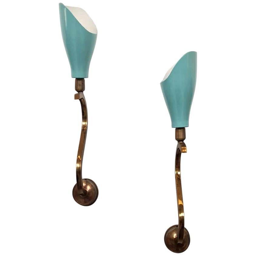 Italian Midcentury Light-Blue Metal and Brass Sconces by Arredoluce, 1950s