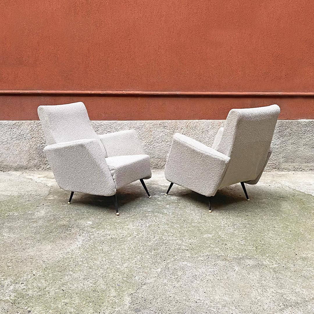 Italian Mid Century Light Grey Bouclè Fabric and Metal Pair of Armchairs 1950 In Good Condition In MIlano, IT