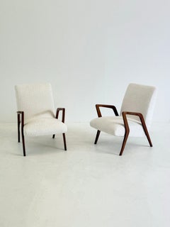 Italian mid century lounge armchair in cherry wood with white buckle