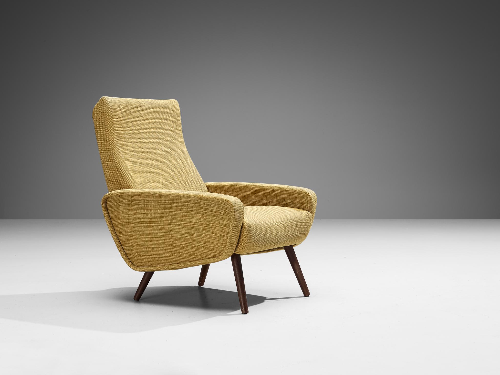 Easy chair, fabric, stained wood, Italy, 1960s

An extremely elegant and flattering armchair, made in Italy in the 1950s or 60s. This lounge chair with its round shaped armrests reminds of the work by Marco Zanuso. An ergonomic seating experience