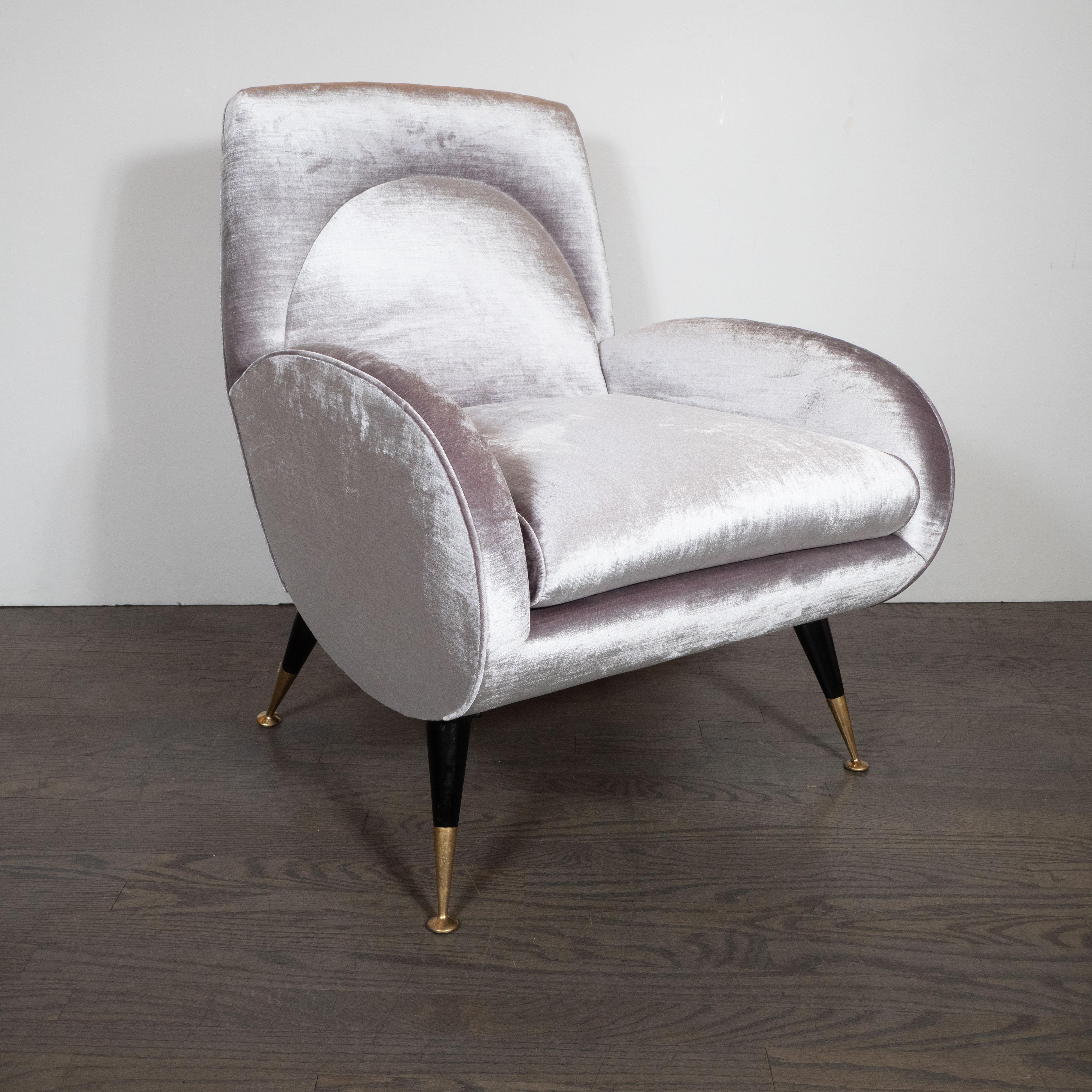 Italian Midcentury Lounge Chair with Brass Sabots in Smoked Lavender Velvet In Excellent Condition In New York, NY