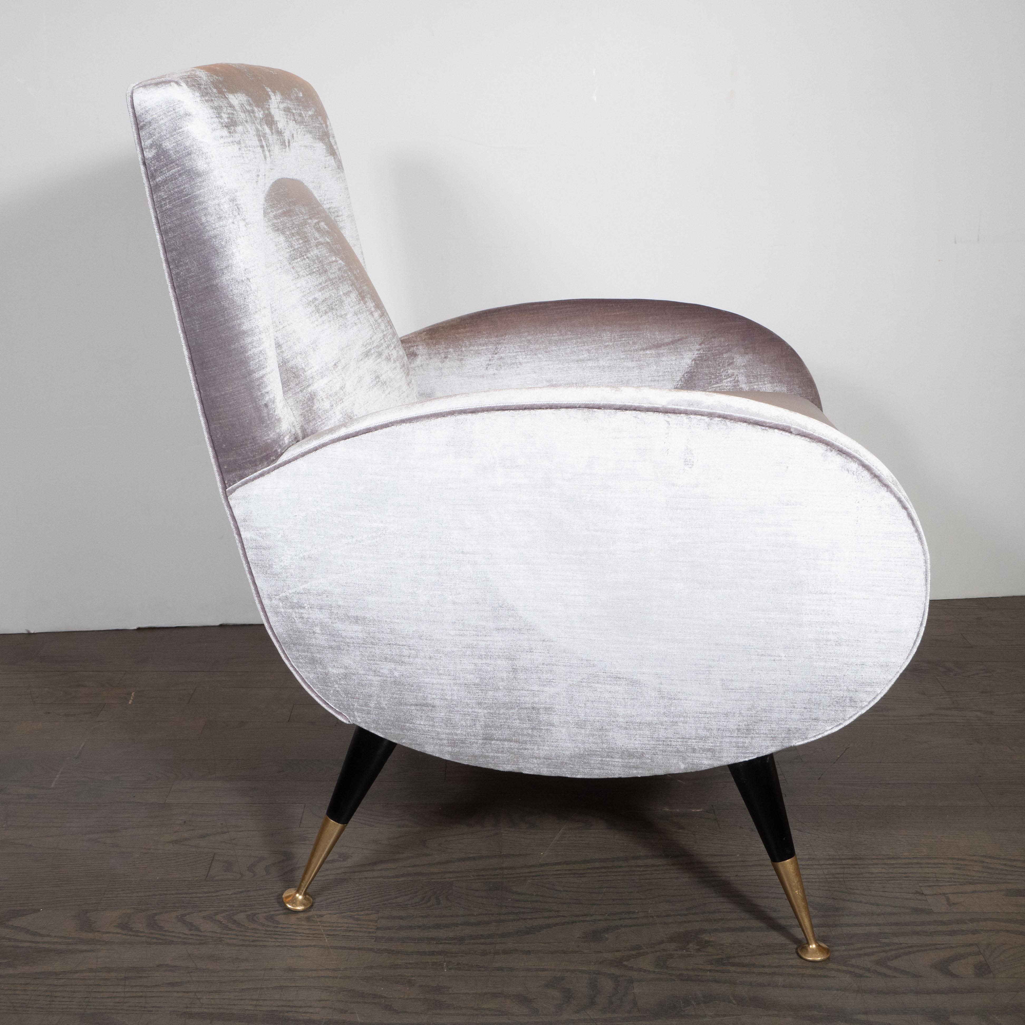 Walnut Italian Midcentury Lounge Chair with Brass Sabots in Smoked Lavender Velvet