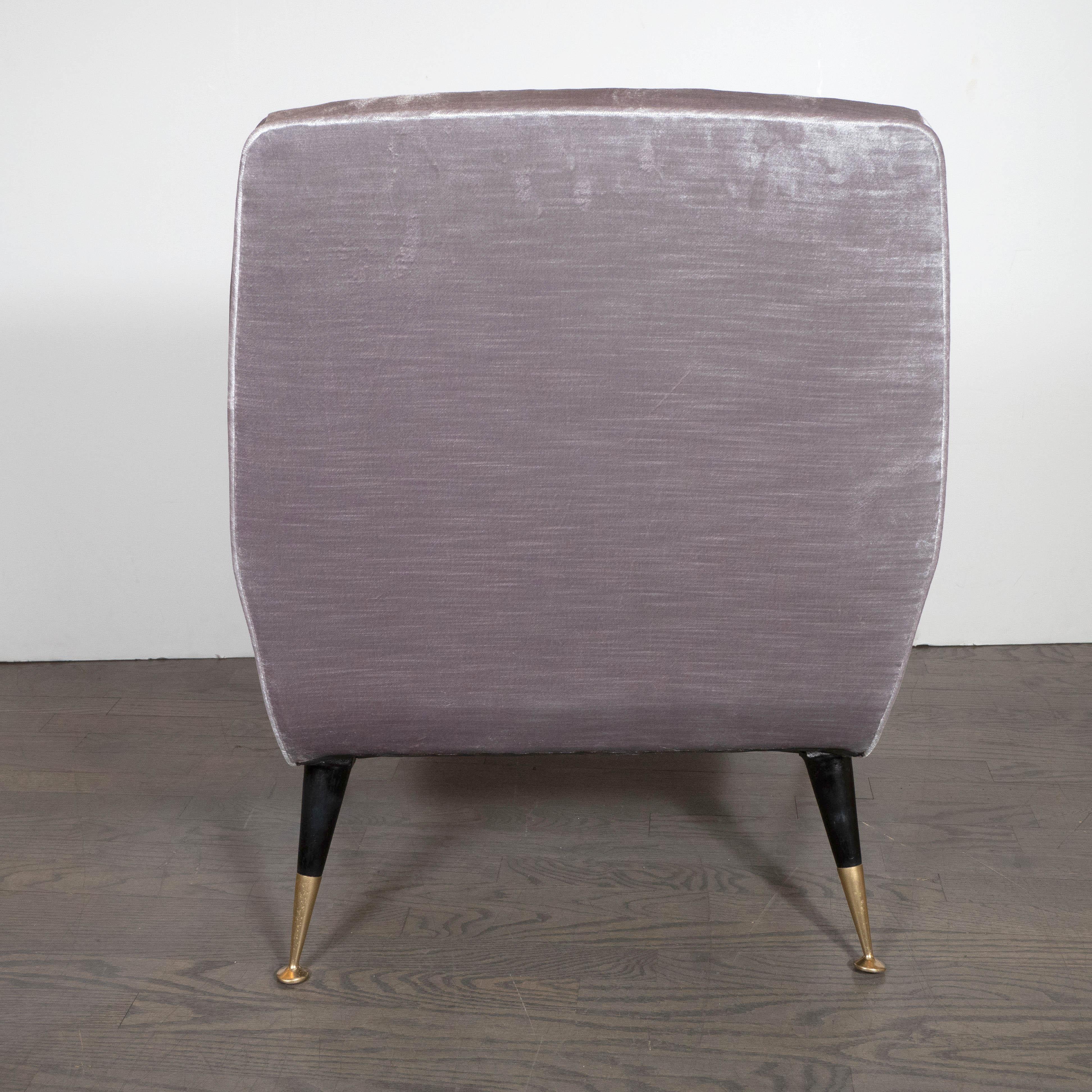 Italian Midcentury Lounge Chair with Brass Sabots in Smoked Lavender Velvet 1