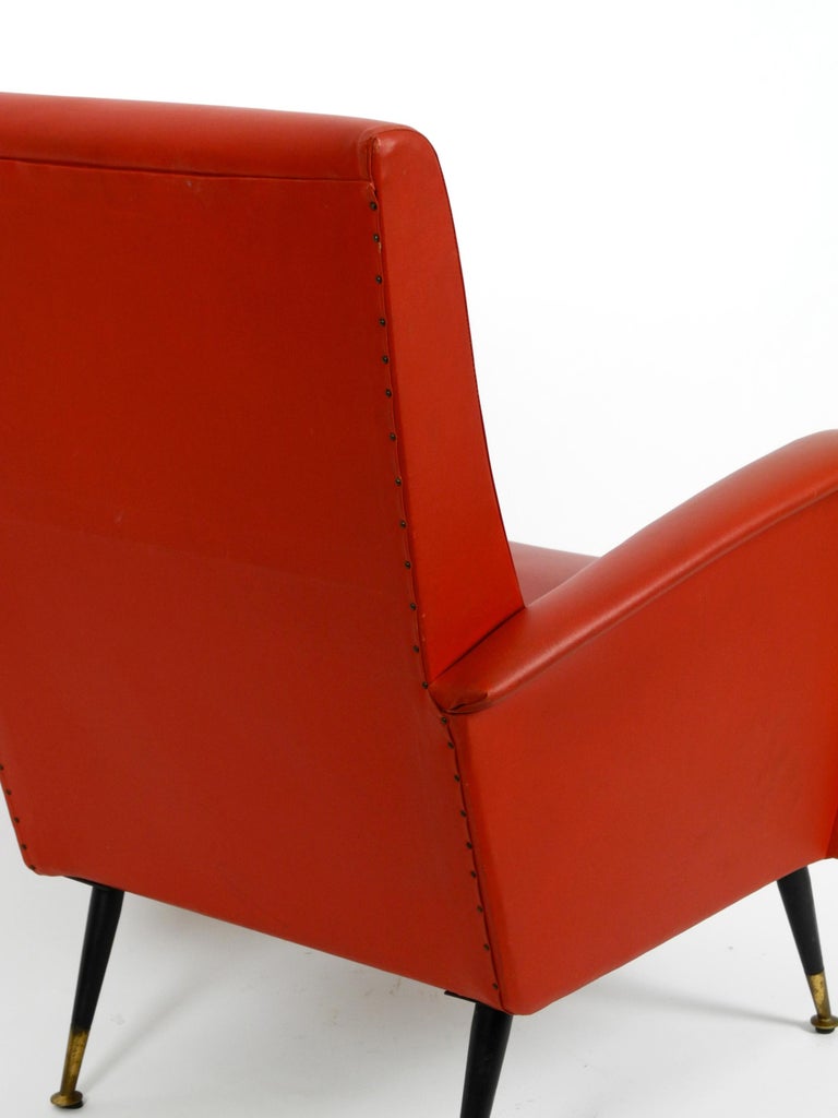Italian Midcentury Lounge Chair with Red Original Faux Leather Cover at