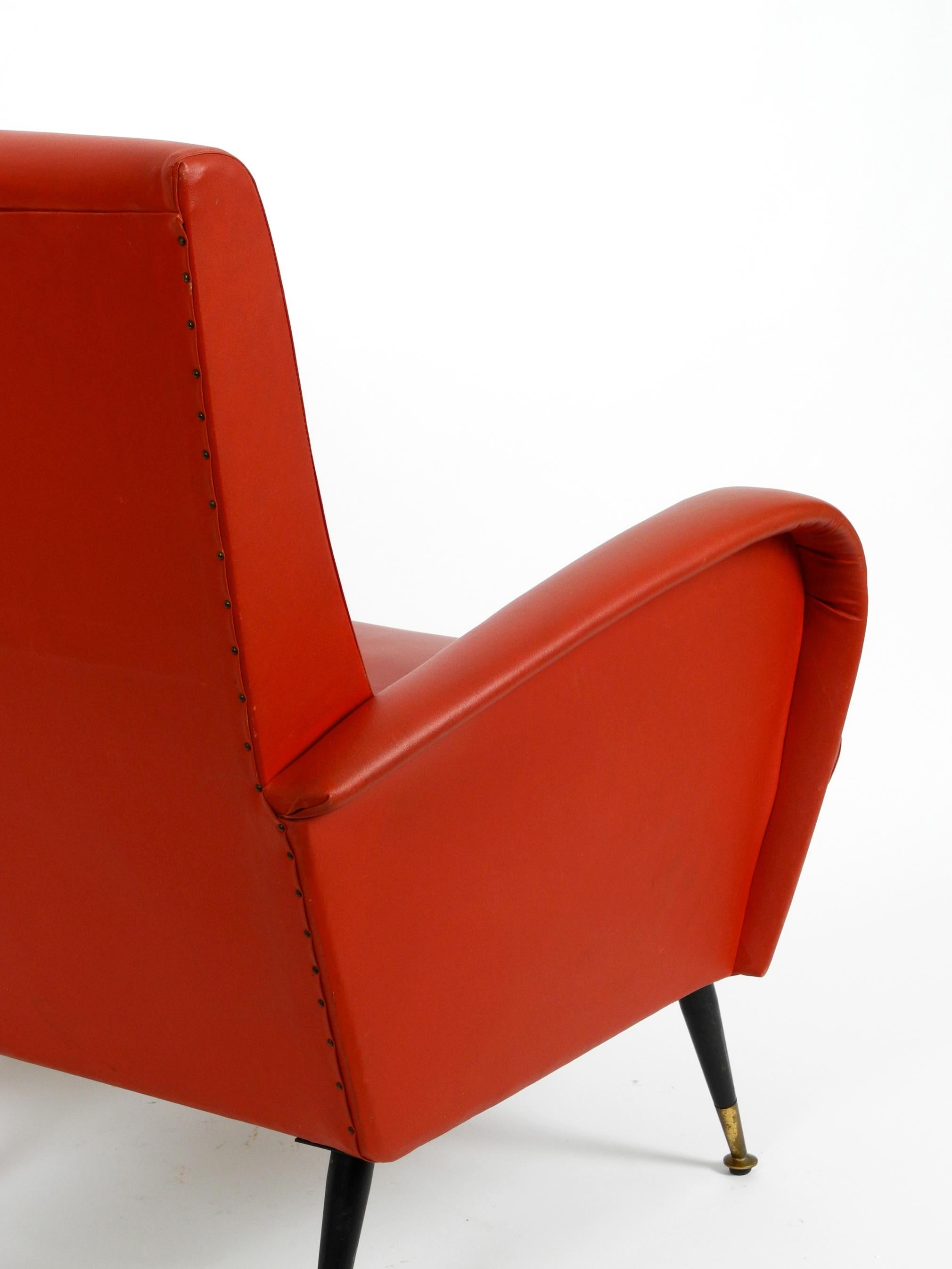 Metal Italian Midcentury Lounge Chair with Red Original Faux Leather Cover