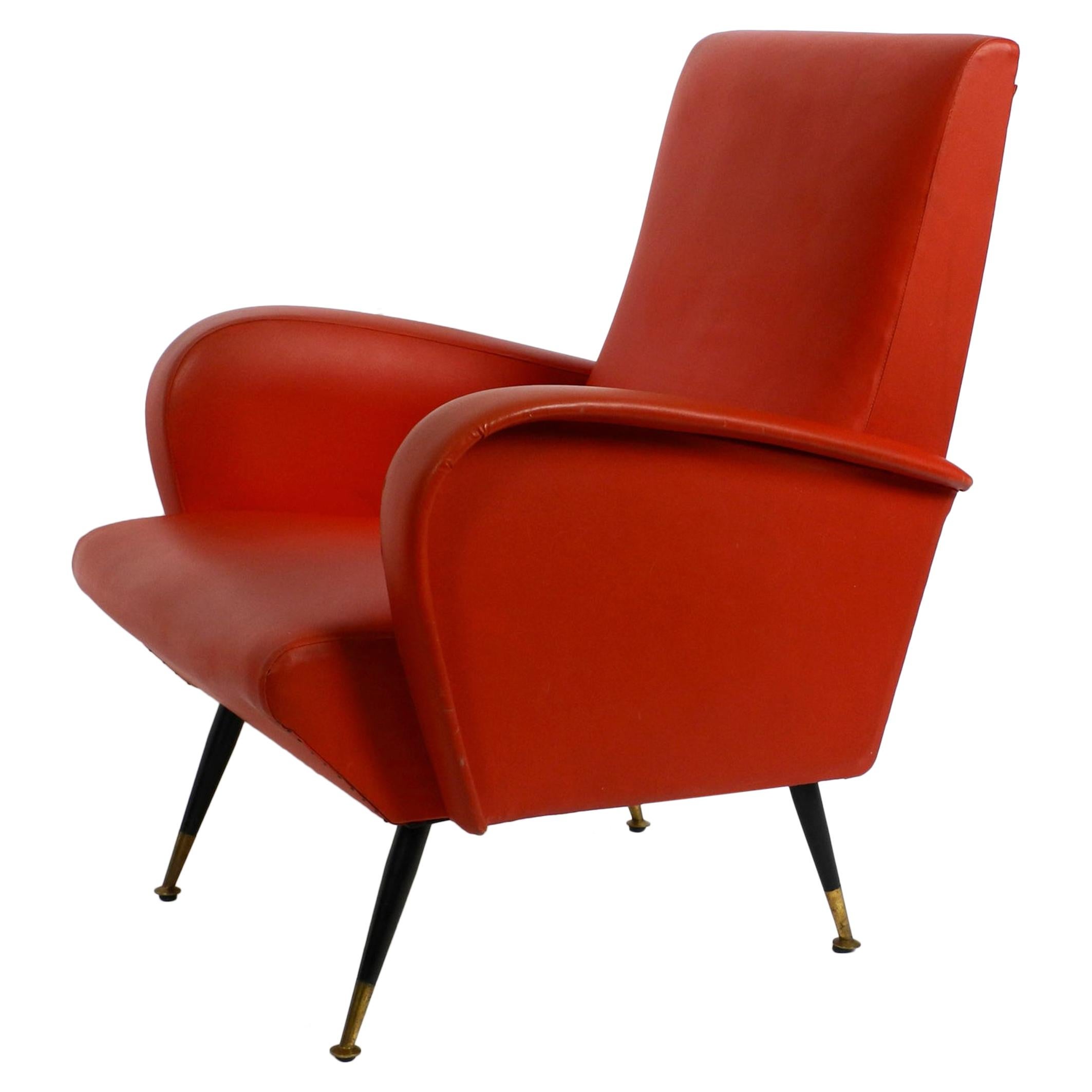 Italian Midcentury Lounge Chair with Red Original Faux Leather Cover