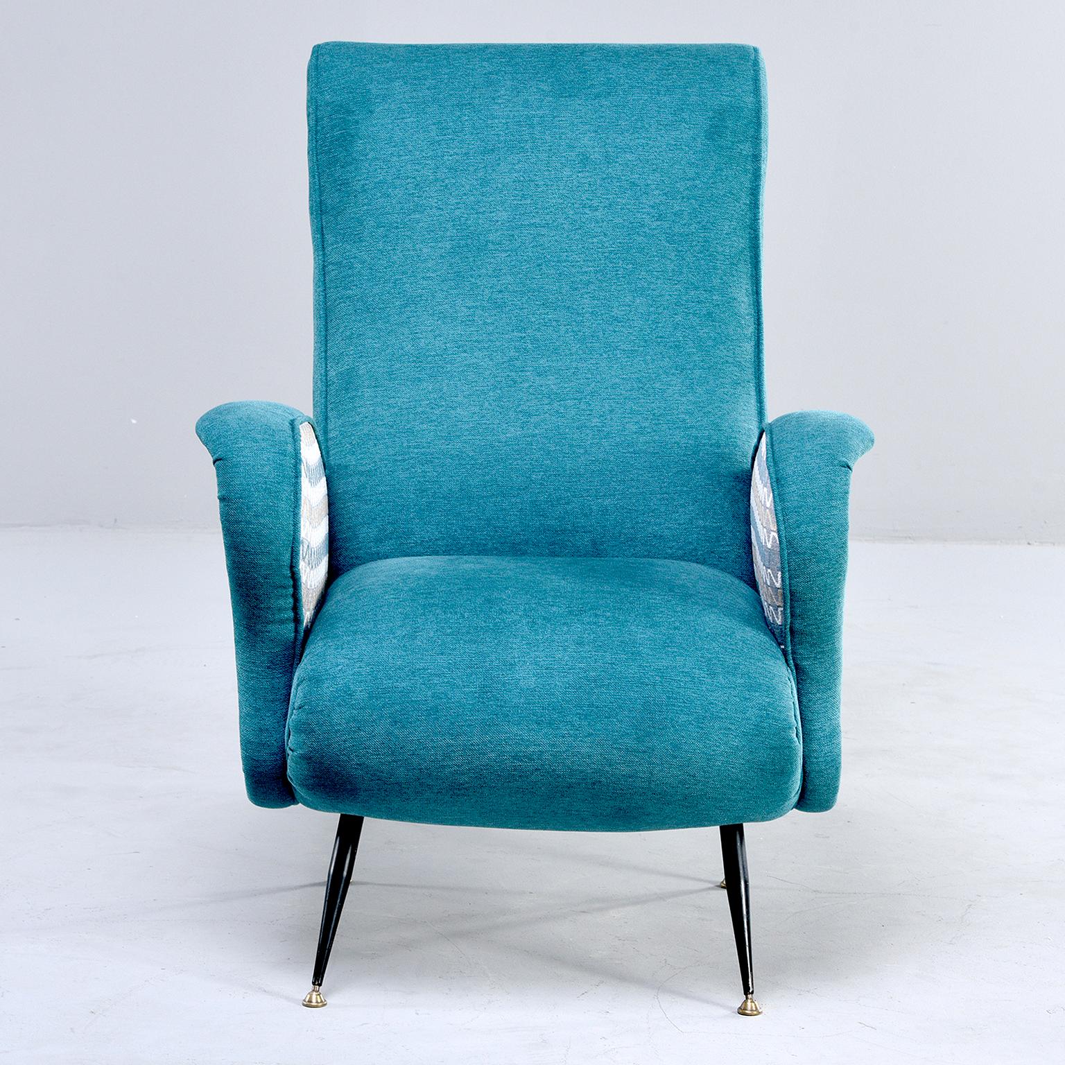 1950s Italian modern lounge chair features sleek tapered legs and unique two-tone turquoise chenille upholstery. Sculpted arms in contrasting zig-zag pattern and brass feet. Very good vintage condition with new upholstery. 
   
