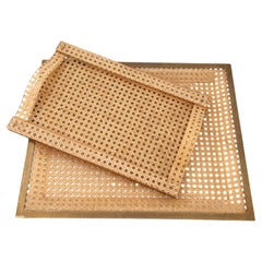 Italian Mid-Century Lucite Wicker and Brass Serving Tray Set of 2, 1970s