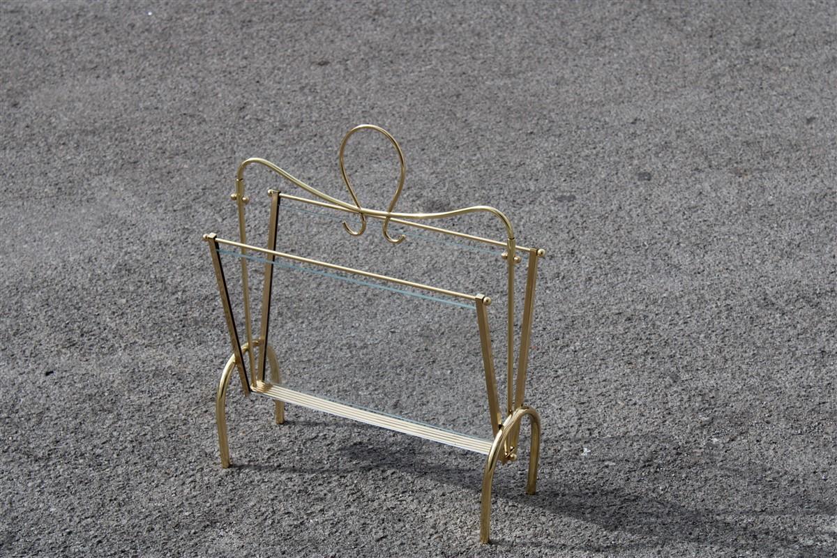 Italian midcentury magazine rack brass gold Italian design transparent glass.