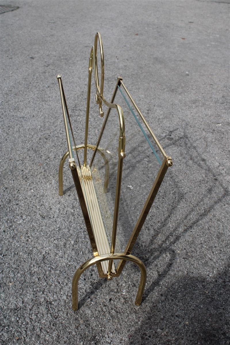 Mid-20th Century Italian Midcentury Magazine Rack Brass Gold Italian Design Transparent Glass For Sale