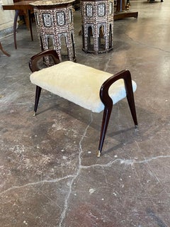 Italian Mid Century Mahogany Bench with Sherpa Upholstery