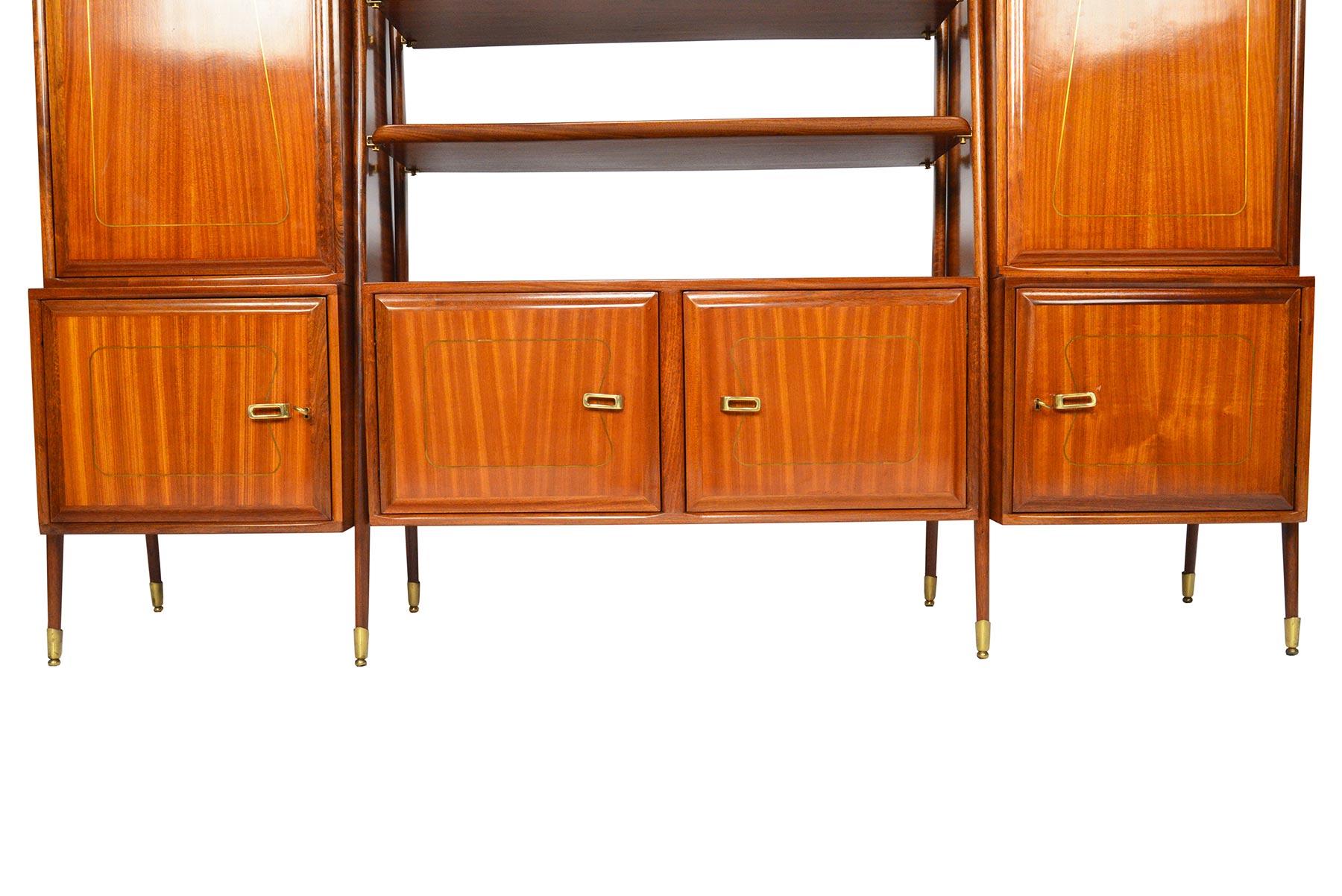 Italian Midcentury Mahogany and Brass Bookcase Credenza 10