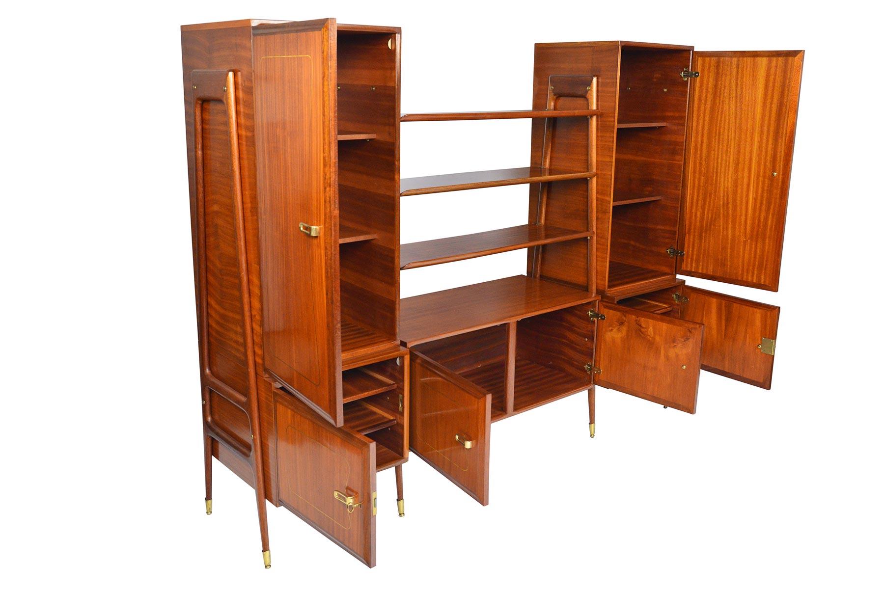 Italian Midcentury Mahogany and Brass Bookcase Credenza 2