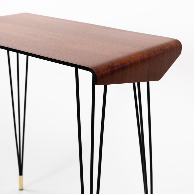 Italian MidCentury Mahogany Desk Console Table Iron Legs, Brass