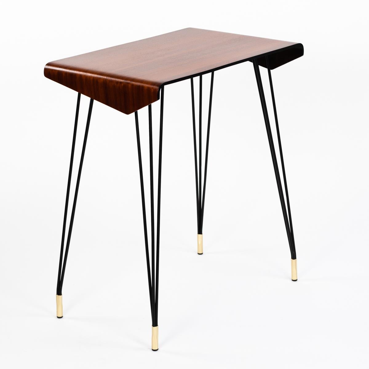 Small Italian Mid-Century desk, console table or side table.
The object is extremely light-footed and also a little eccentric.
The bentwood top of mahogany is beautifully grained and has a warm, homely wood tone. 
The edge is stained black. The