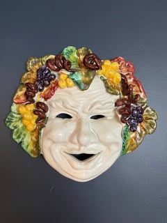 Italian Mid Century Majolica Hanging Mask of Bacchus Large Hand Painted