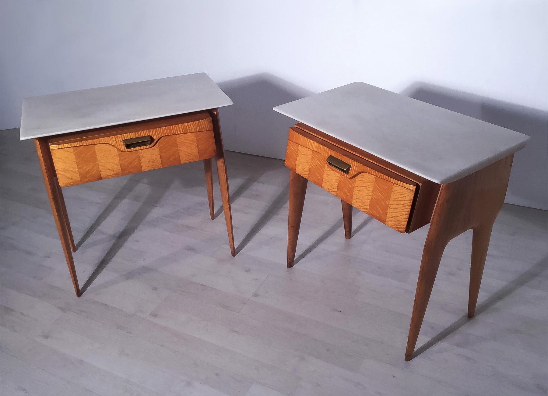 Brass Italian Mid-Century Maple Bedside Tables or Nightstand by Cantù, 1950s, Set of 2