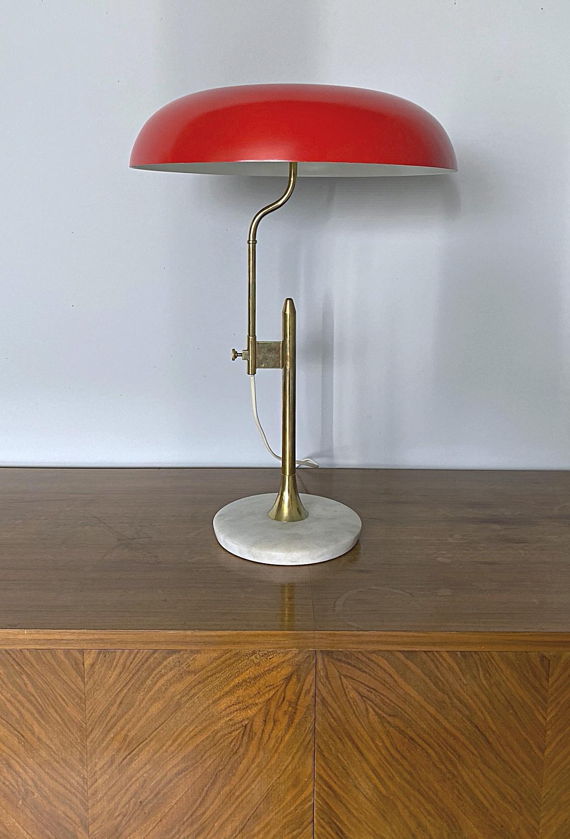 Iconic midcentury desk lamp made of brass with red shade and Carrara marble base. Minimalistic design from the 1950s - big round shade that provides beautiful light. Excellent condition without bumps or dents. Fully newly rewired and tested