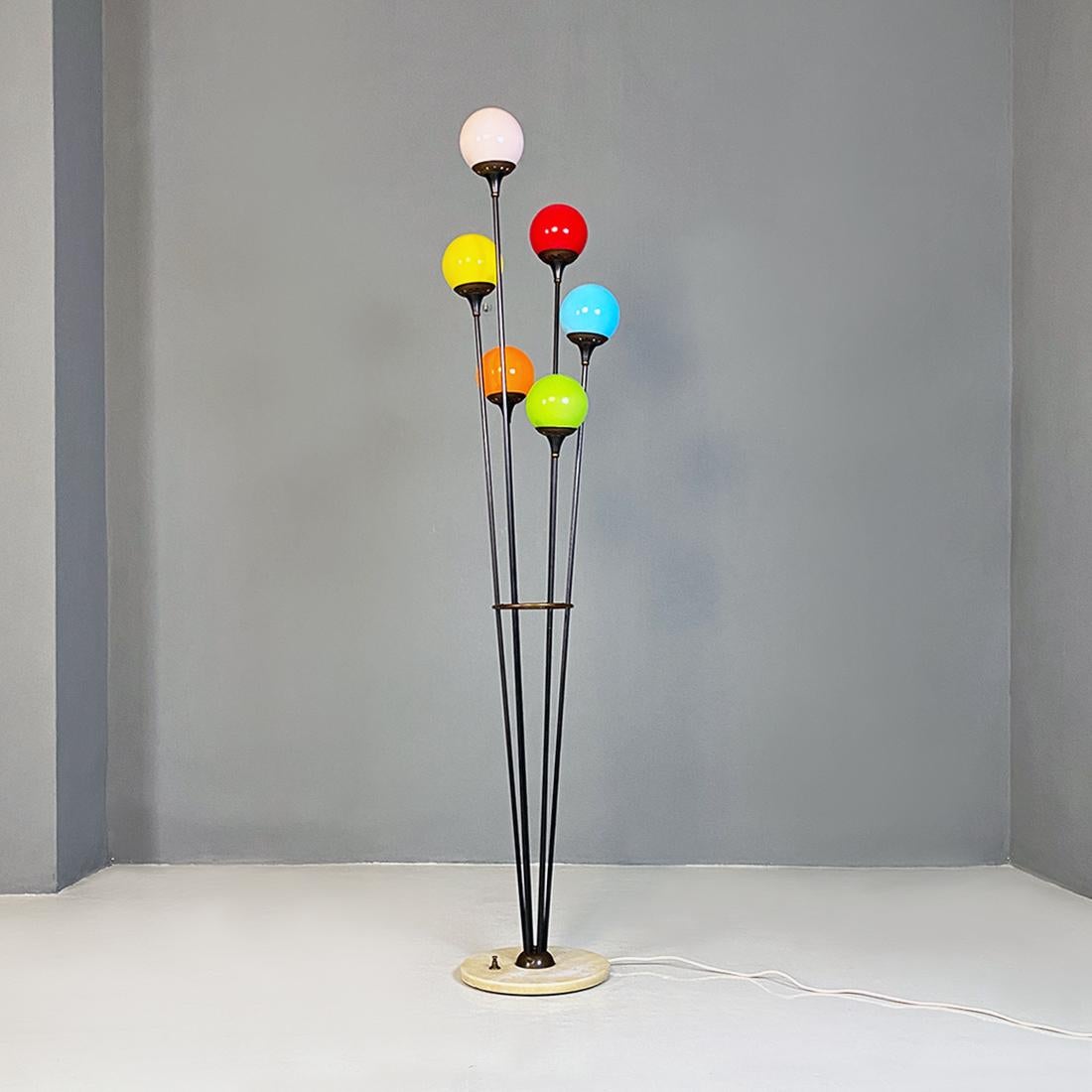 Italian Mid-Century Modern marble base, metal structure and glass lampshade Alberello floor lamp by Stilnovo, 1950s
Alberello model lamp, 6 lights with round marble base, black metal rod structure and brass details. Sphere diffusers in colored