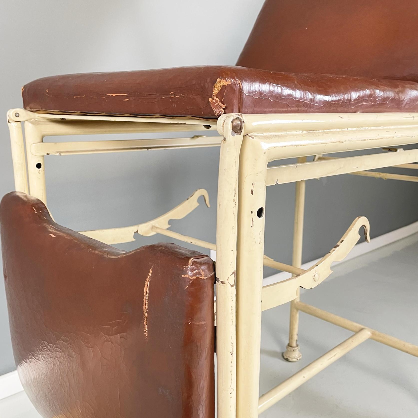 Italian Mid-Century Medical Laboratory Bed Brown Leather and White Metal, 1940s For Sale 6
