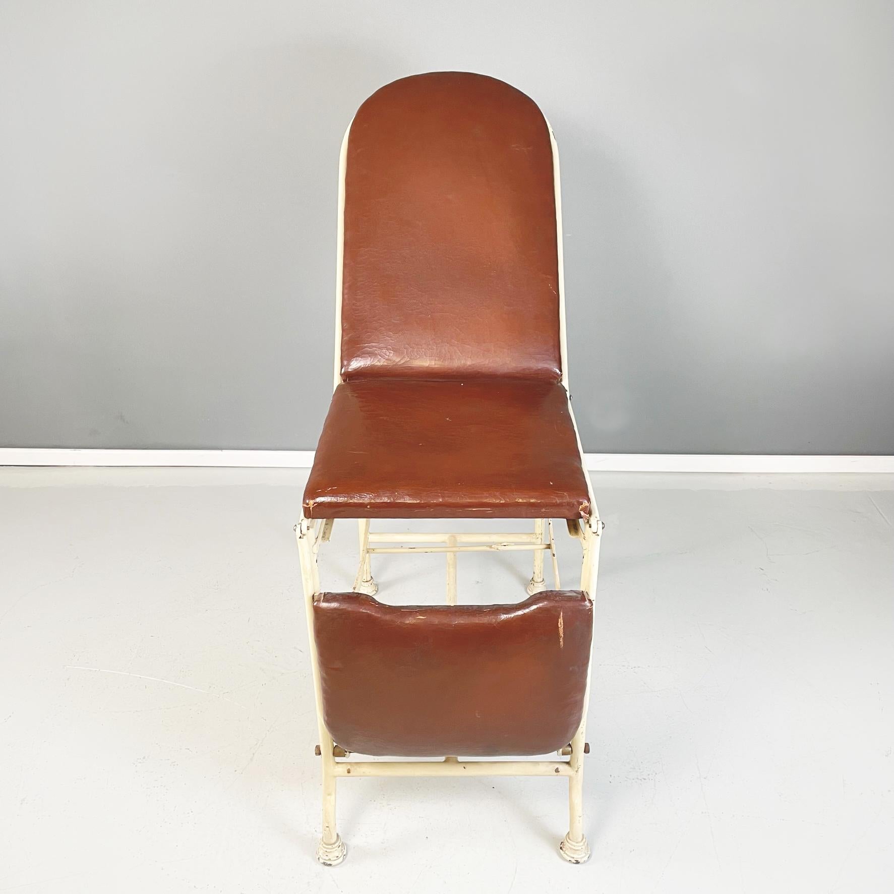 Italian Mid-Century Medical Laboratory Bed Brown Leather and White Metal, 1940s For Sale 1