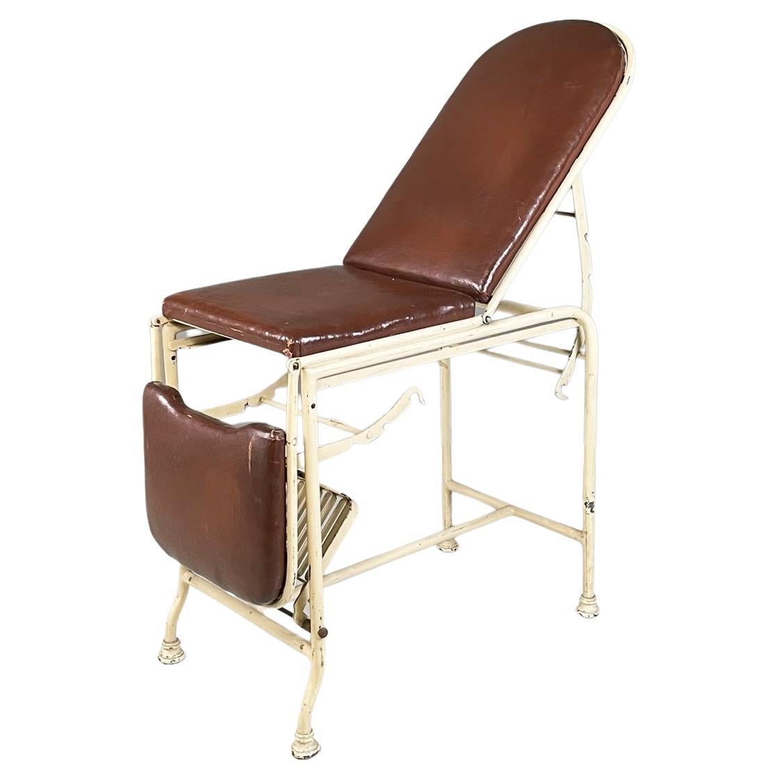 Italian Mid-Century Medical Laboratory Bed Brown Leather and White Metal, 1940s For Sale