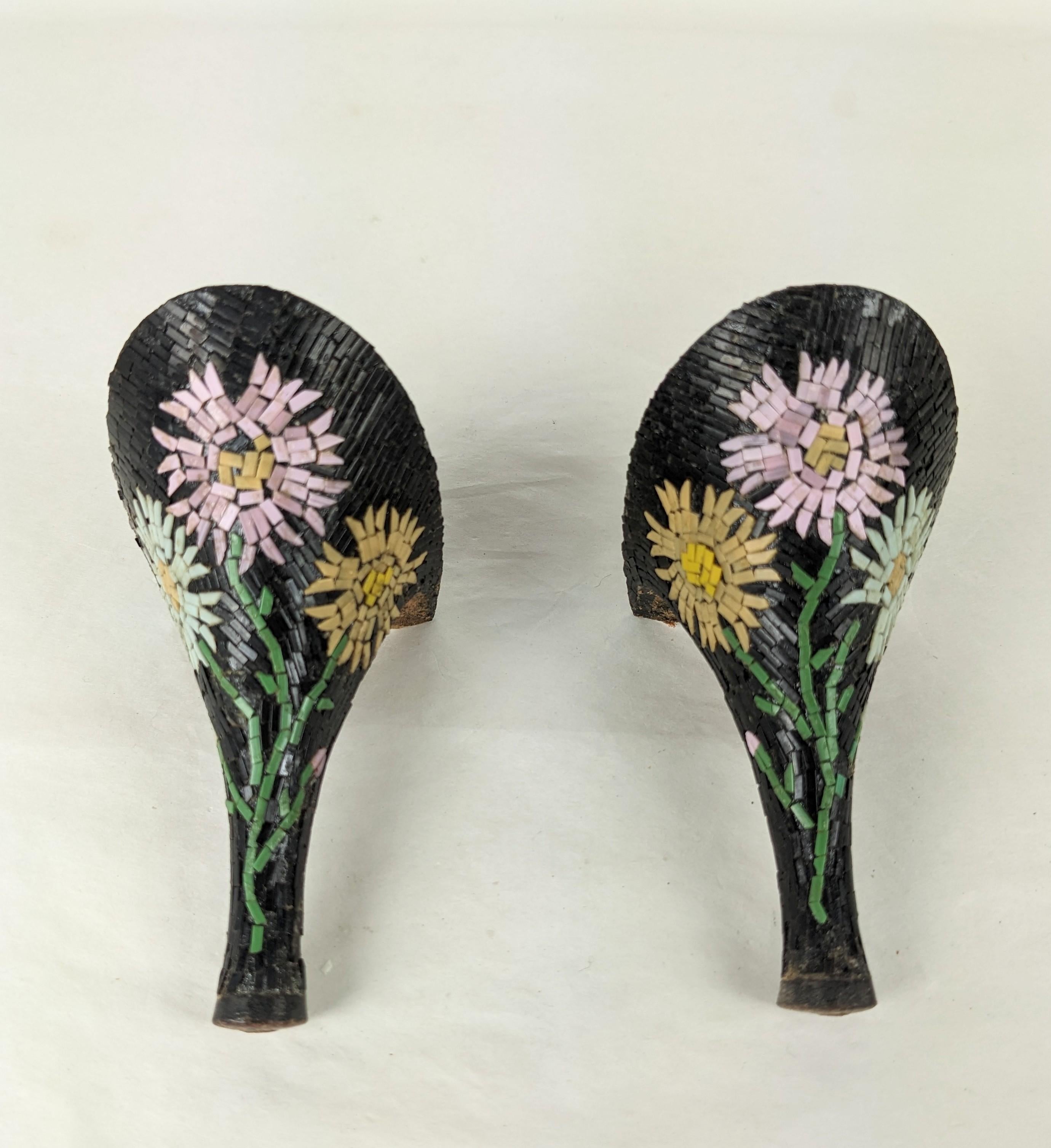 Italian Mid Century Micromosaic Heels circa 1950's. A hand laid mosaic spray of multicolored flowers is rendered on the black glass base. 
1950's Italy. Incredible and stylish handmade craft Italy is known for. 
3