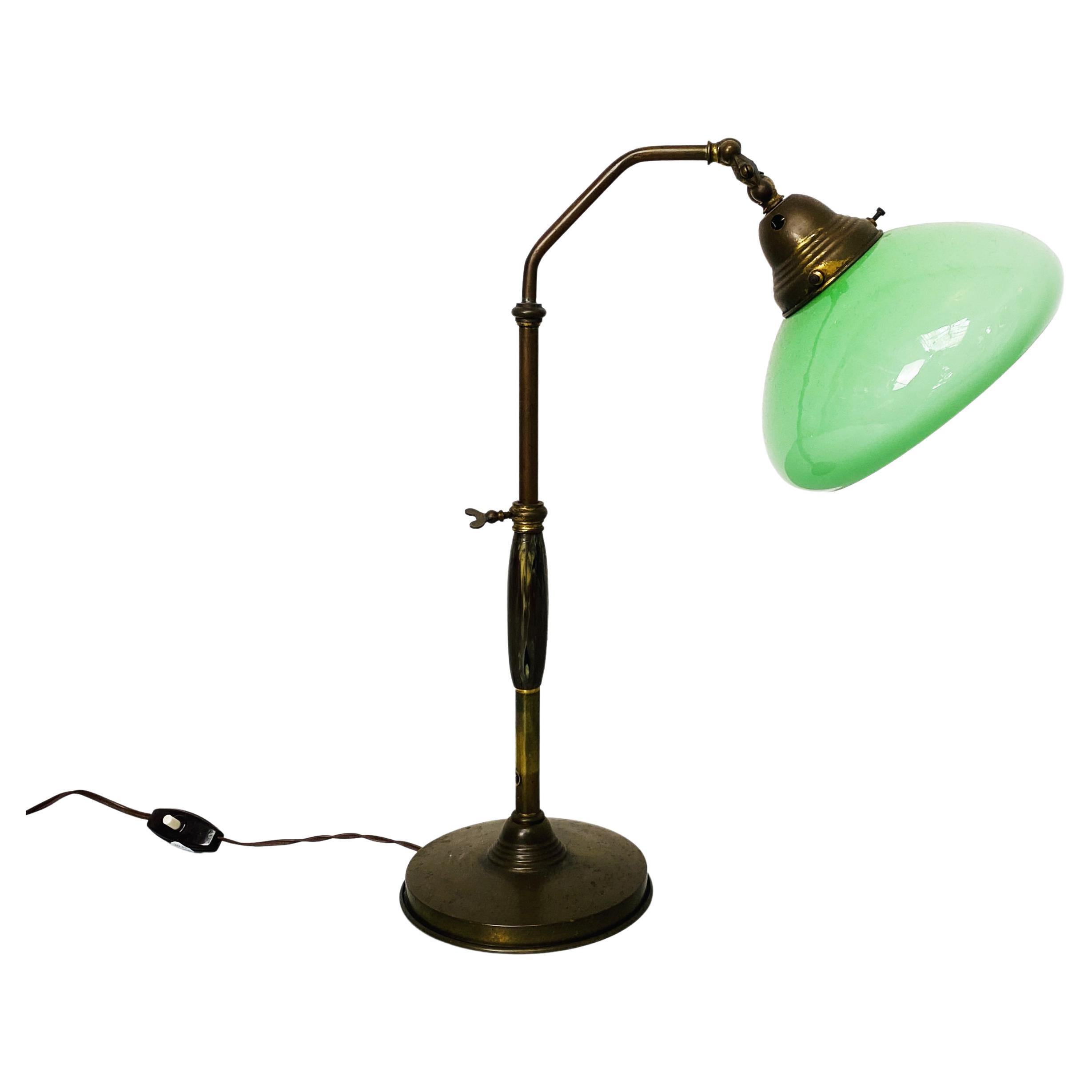 Italian Art Deco Ministerial Table Lamp in Metal, Green Glass and Bakelite, 1930