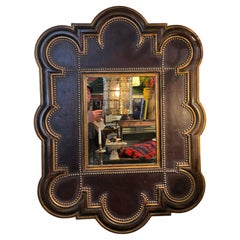 Specchio italiano di metà secolo in pelle e Wood